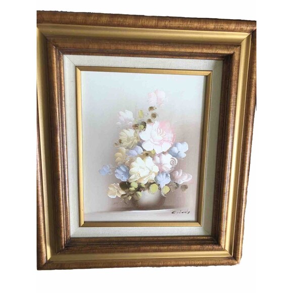 Vintage Authentic Roses Pastel Signed Framed Oil Painting Canvas 12x14